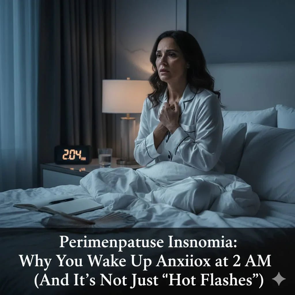 Perimenopause Sleep Blog: Woman finding relief from perimenopause insomnia and night sweats using sensory grounding tools.